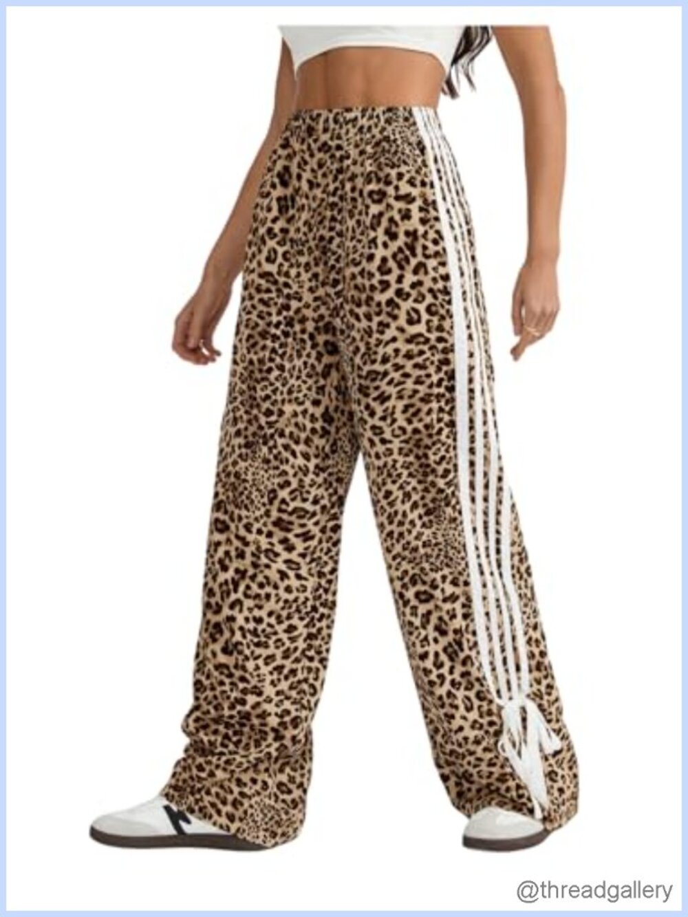Women's High Rise Wide Leg Bow Striped Leopard Print Pants Loose Fit